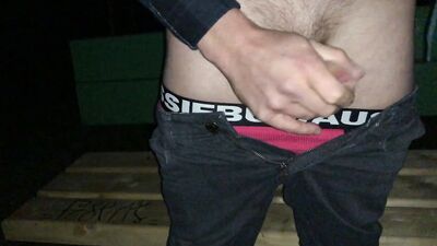 Naughty guys are playing with one another's manhood on the bench