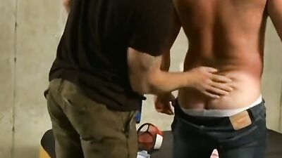 Bald man sucks one cock while the other one is drilling him