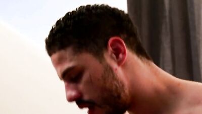 Horny chum jizzed on partner's chest after fucking him hard