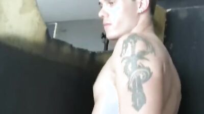 Gay dudes sucks a hard cock thorough a hole on the wall