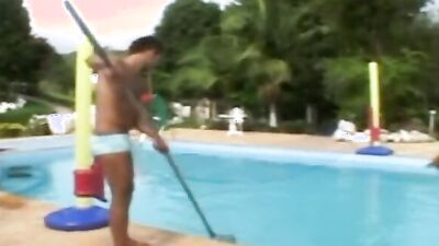 Pool boy is fucked in the ass by boss's horny son