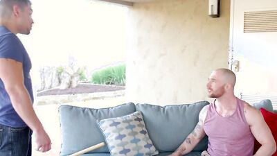 Markie More and his partner in raw gay sex scene on the couch