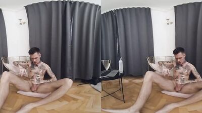 Skinny tattooed bloke is stroking his pecker in this homemade VR