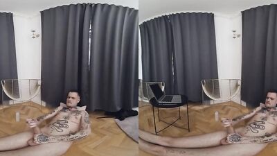 Skinny tattooed bloke is stroking his pecker in this homemade VR