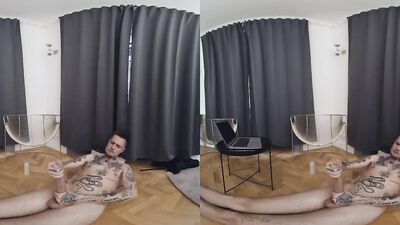Skinny tattooed bloke is stroking his pecker in this homemade VR