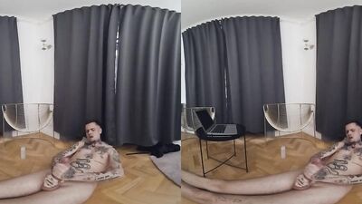 Skinny tattooed bloke is stroking his pecker in this homemade VR