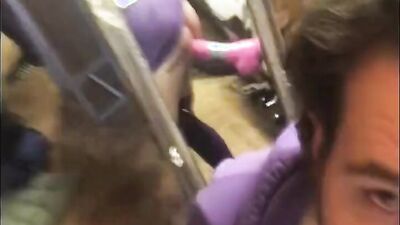 Wearing purple cloths while I fuck my ass in public