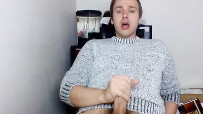 Cute gay guy pulls his dick out and strokes it hard