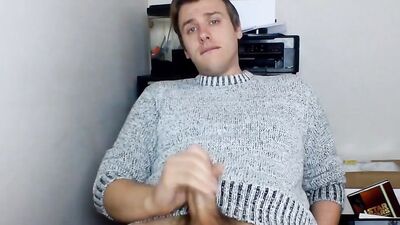 Cute gay guy pulls his dick out and strokes it hard