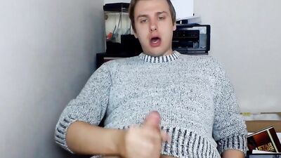 Cute gay guy pulls his dick out and strokes it hard