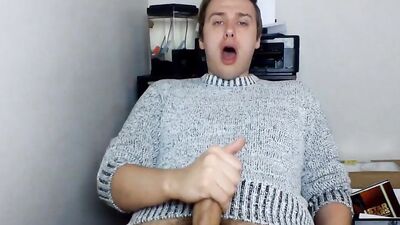 Cute gay guy pulls his dick out and strokes it hard