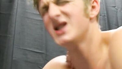 Blonde twink mounted on a big cock after slobbering on it