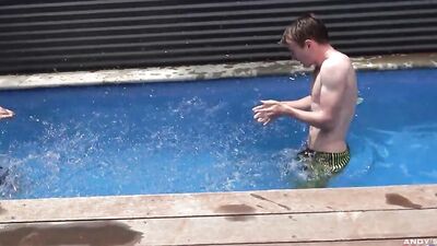 Skinny guy has fun in the pool before jerking off in the sun