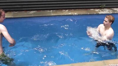 Skinny guy has fun in the pool before jerking off in the sun