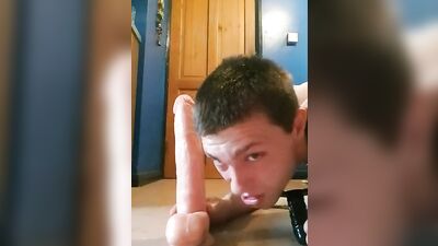 Skinny twink loves humiliating himself while drooling on a huge dildo and riding it