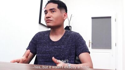 College guy goes to an interview before stripping naked and being analized