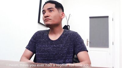 College guy goes to an interview before stripping naked and being analized
