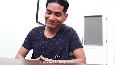 College guy goes to an interview before stripping naked and being analized
