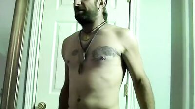 Bearded guy jerks off before fucking jock in the mouth