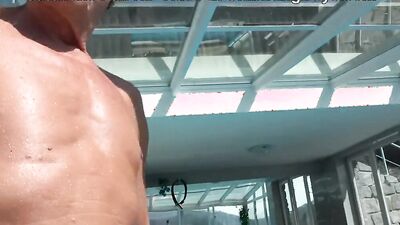 Mature guy and twink blow each other and fuck by the pool