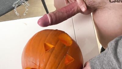 Naughty twink carves a Halloween pumpkin to fuck it passionately