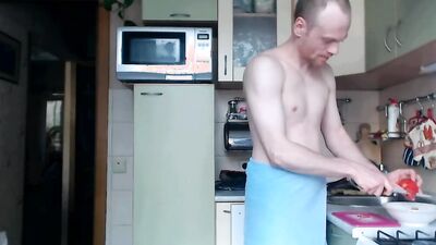 Naughty stud uses vegetables to masturbate while cooking in the kitchen