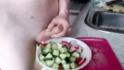 Naughty stud uses vegetables to masturbate while cooking in the kitchen