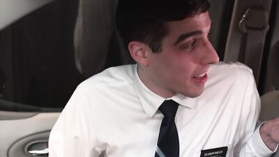 Cute and young Mormons in classy outfits fuck in a van