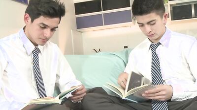 Elegant school twinks in shirts and ties fuck after studying