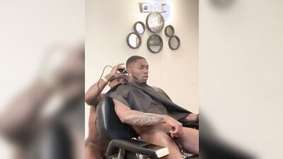Fit black hairdresser gives a haircut naked before a threesome