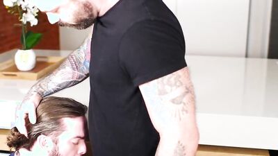Inked bald hunk fucks his boyfriend in the ass after being deepthroated