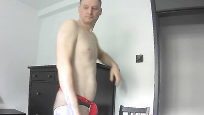 Mature amateur guy strips naked and tries on different underwear