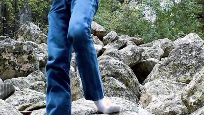 Naughty twink takes his pants outdoors and jerks off in nature