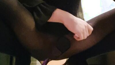 Naughty crossdresser in a sexy pantyhose fingers his ass and masturbates