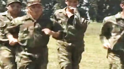 Gay army buddies fuck on an outdoor bench after an exercise