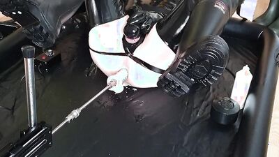 Naughty dude in a sexy leather outfit railed with a fucking machine