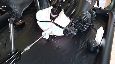 Naughty dude in a sexy leather outfit railed with a fucking machine