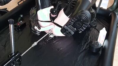 Naughty dude in a sexy leather outfit railed with a fucking machine