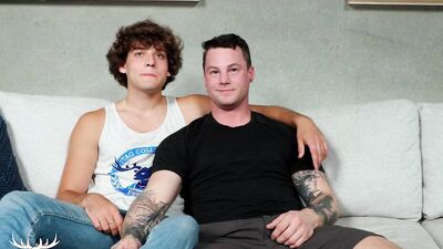Inked jock sucks a fat twink cock and rides it