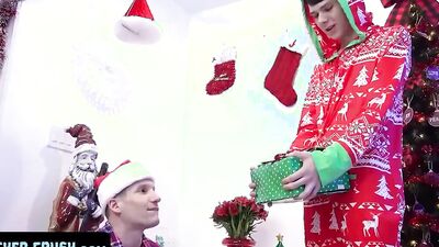 Lovely twink stepbrothers open Christmas presents and fuck in their pajamas