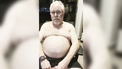 Chubby older guy with a big cock jerks off solo
