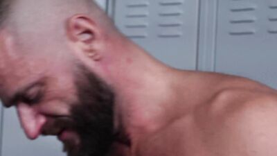 Buff and hairy hunk rimmed by his boyfriend after locker rooms blowjobs