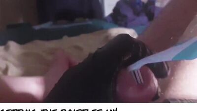 Perverted dude inserts a toothbrush in his big hard cock