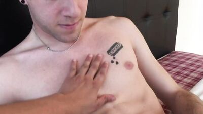 Adorable twink seduced while jerking off into giving a blowjob