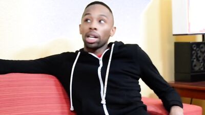 Fit black dude fingers his ass and strokes his big cock