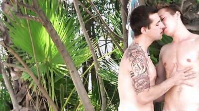 Handsome young studs dick sucking outdoors and fucking balls deep