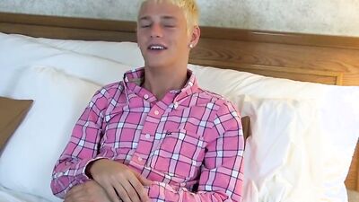Cute and tiny blond twink strips after an interview and jerks off