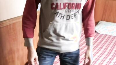 Slim twink with nerdy glasses and a huge cock jerks off