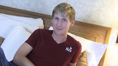 Slender blond twink drills his ass with a dildo while jerking off