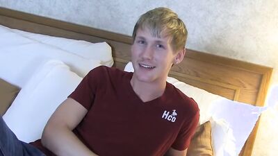 Slender blond twink drills his ass with a dildo while jerking off